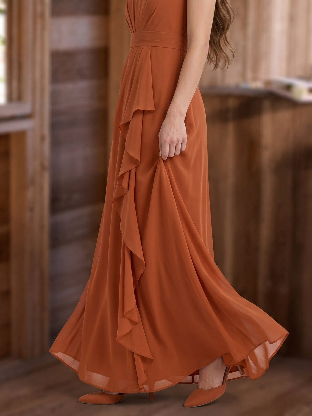 Cinnamon Chiffon A-Line Scoop Neck Floor-Length Bridesmaid Dress with Ruffled Details - Curvevia