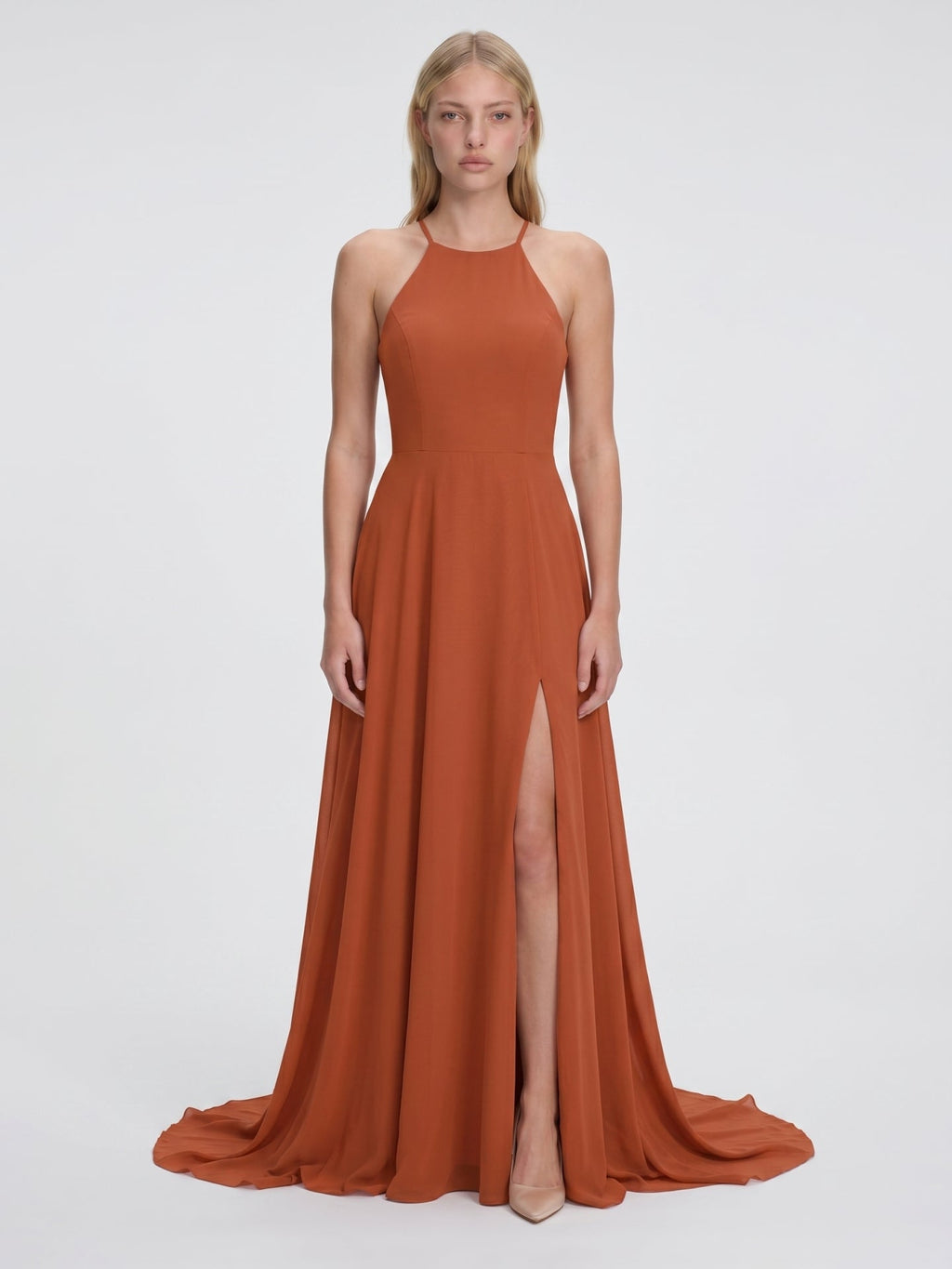 Cinnamon Chiffon A-Line Scoop Neck Illusion Floor-Length Bridesmaid Dress with Pleats - Curvevia