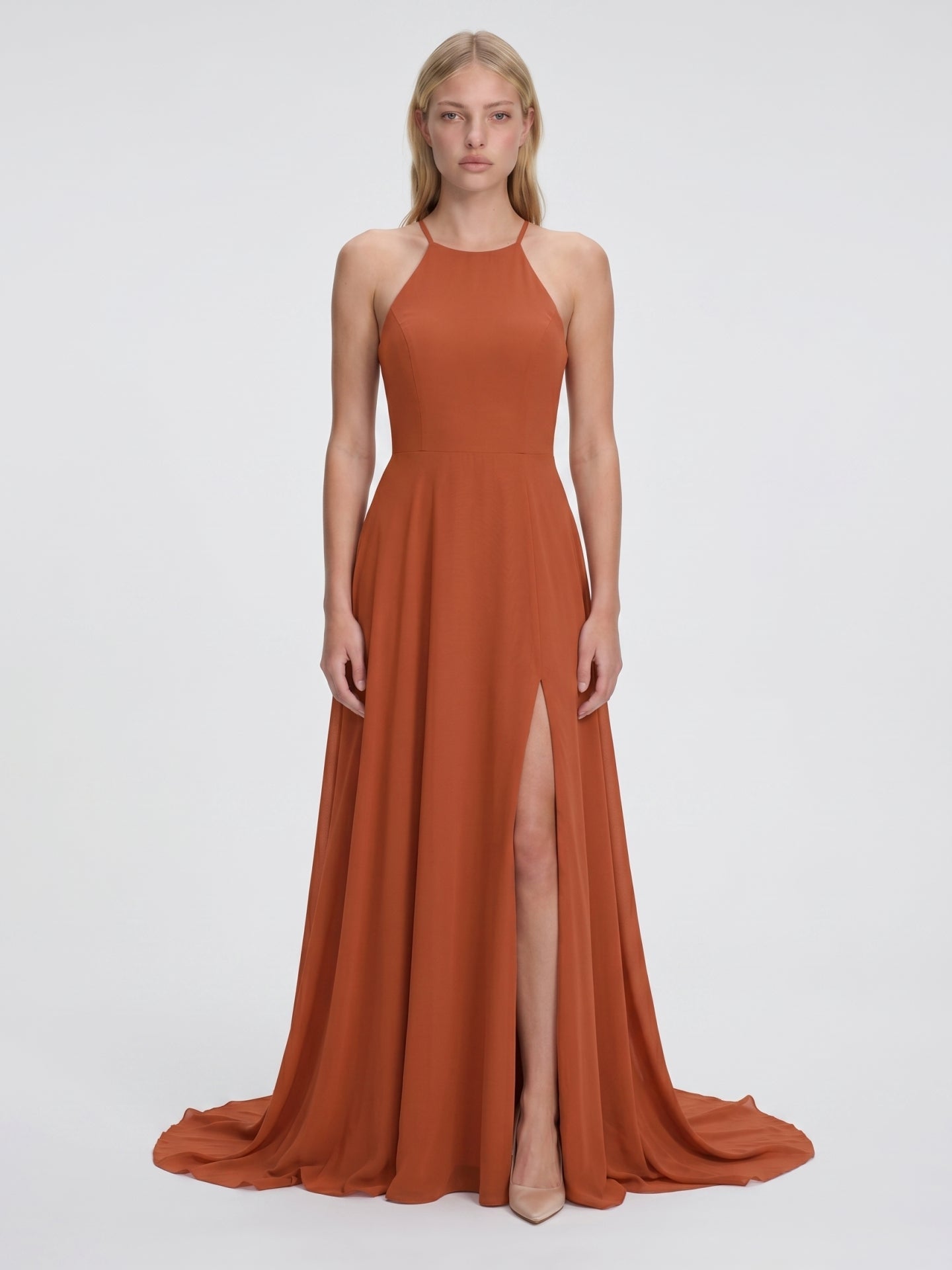 Cinnamon Chiffon A-Line Scoop Neck Illusion Floor-Length Bridesmaid Dress with Pleats - Curvevia