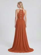 Cinnamon Chiffon A-Line Scoop Neck Illusion Floor-Length Bridesmaid Dress with Pleats - Curvevia
