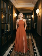 Cinnamon Chiffon A-Line Scoop Neck Illusion Floor-Length Bridesmaid Dress with Pleats - Curvevia
