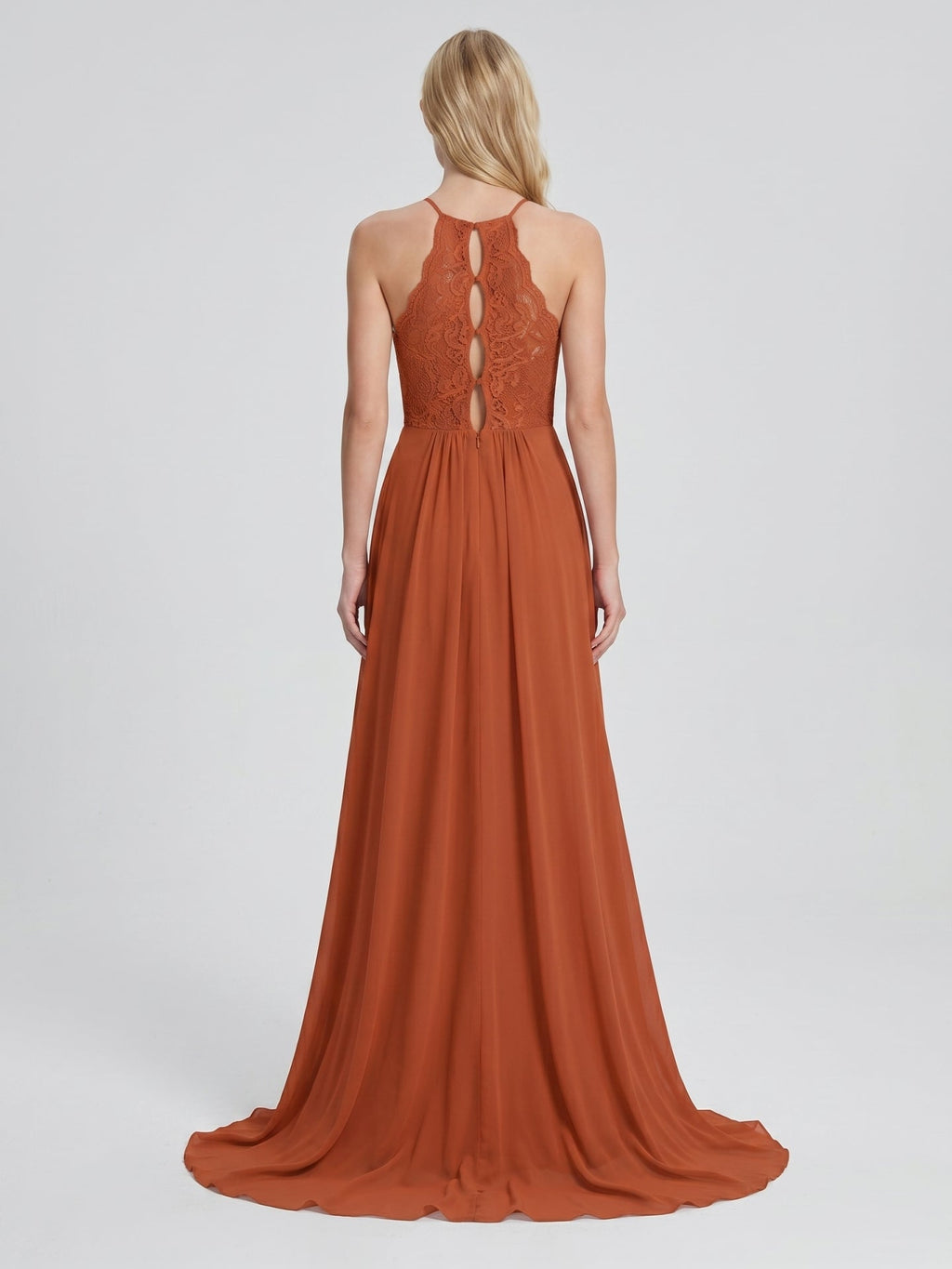 Cinnamon Chiffon A-Line Scoop Neck Illusion Floor-Length Bridesmaid Dress with Pleats - Curvevia