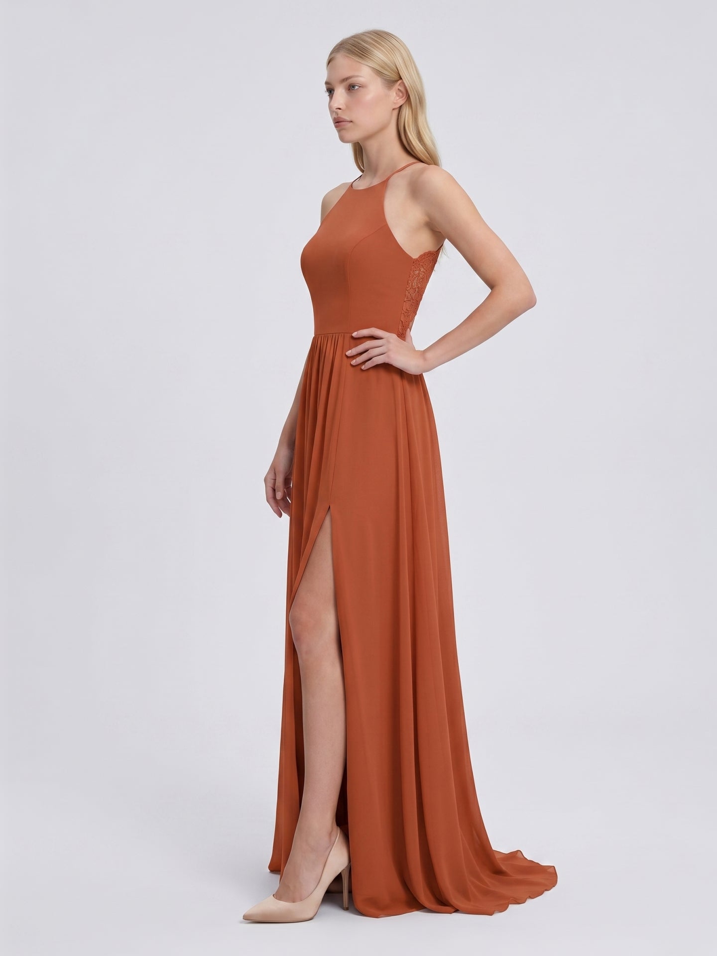Cinnamon Chiffon A-Line Scoop Neck Illusion Floor-Length Bridesmaid Dress with Pleats - Curvevia