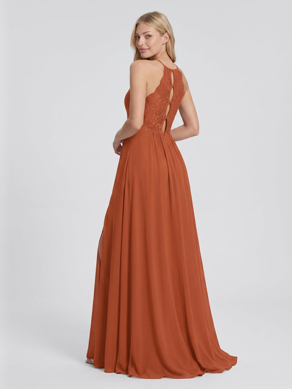 Cinnamon Chiffon A-Line Scoop Neck Illusion Floor-Length Bridesmaid Dress with Pleats - Curvevia