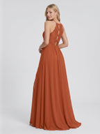 Cinnamon Chiffon A-Line Scoop Neck Illusion Floor-Length Bridesmaid Dress with Pleats - Curvevia