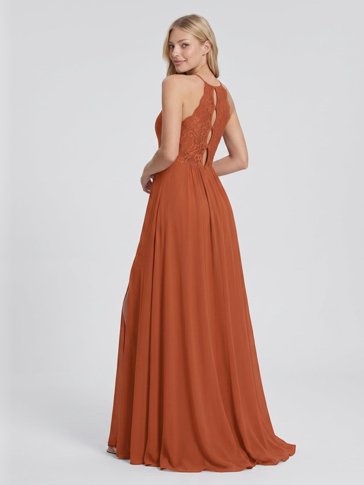 Cinnamon Chiffon A-Line Scoop Neck Illusion Floor-Length Bridesmaid Dress with Pleats - Curvevia