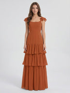 Cinnamon Chiffon A-Line Scoop Neck Lace-Up Ankle Bridesmaid Dress with Cascading Ruffles - Curvevia