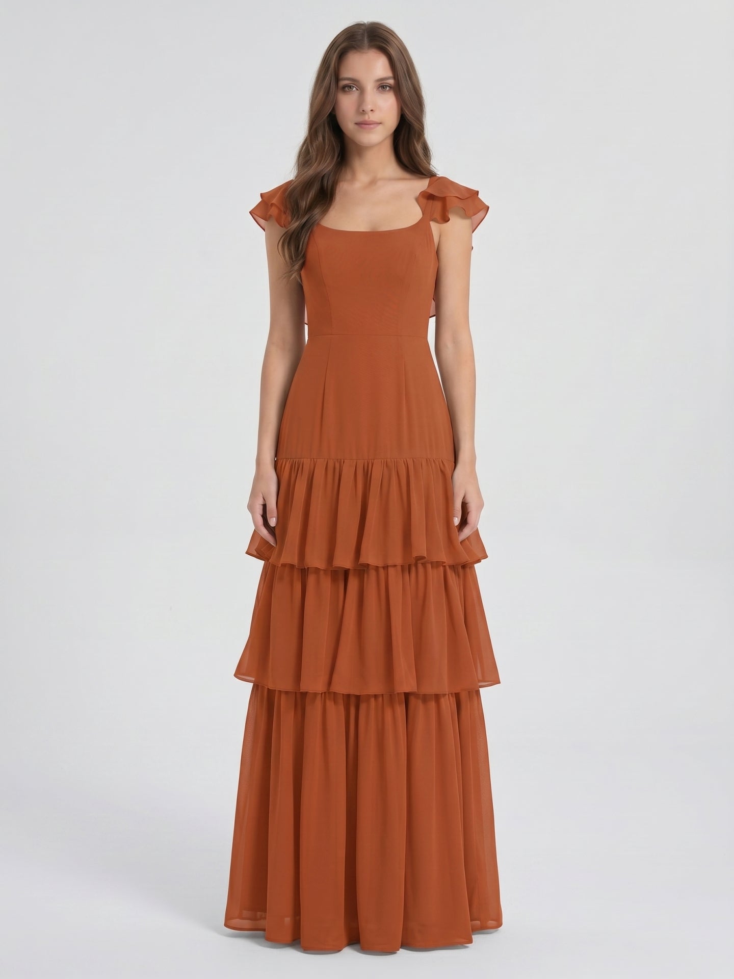 Cinnamon Chiffon A-Line Scoop Neck Lace-Up Ankle Bridesmaid Dress with Cascading Ruffles - Curvevia