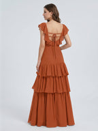 Cinnamon Chiffon A-Line Scoop Neck Lace-Up Ankle Bridesmaid Dress with Cascading Ruffles - Curvevia