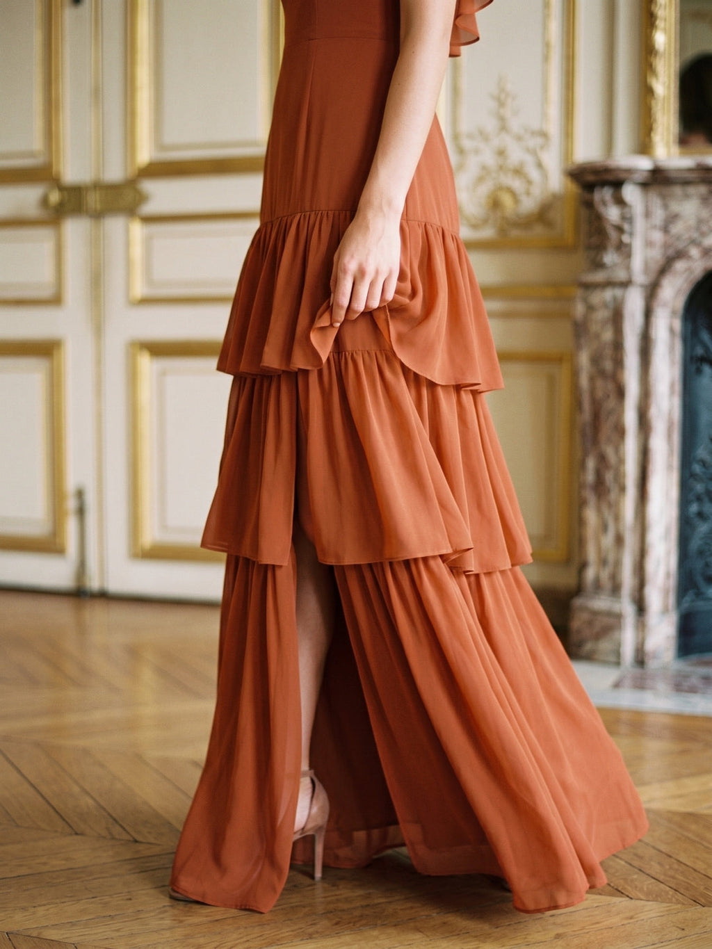 Cinnamon Chiffon A-Line Scoop Neck Lace-Up Ankle Bridesmaid Dress with Cascading Ruffles - Curvevia
