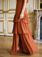 Cinnamon Chiffon A-Line Scoop Neck Lace-Up Ankle Bridesmaid Dress with Cascading Ruffles - Curvevia
