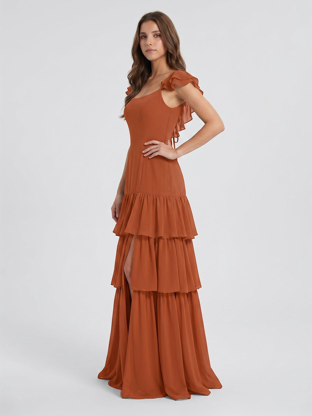 Cinnamon Chiffon A-Line Scoop Neck Lace-Up Ankle Bridesmaid Dress with Cascading Ruffles - Curvevia