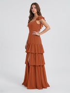 Cinnamon Chiffon A-Line Scoop Neck Lace-Up Ankle Bridesmaid Dress with Cascading Ruffles - Curvevia