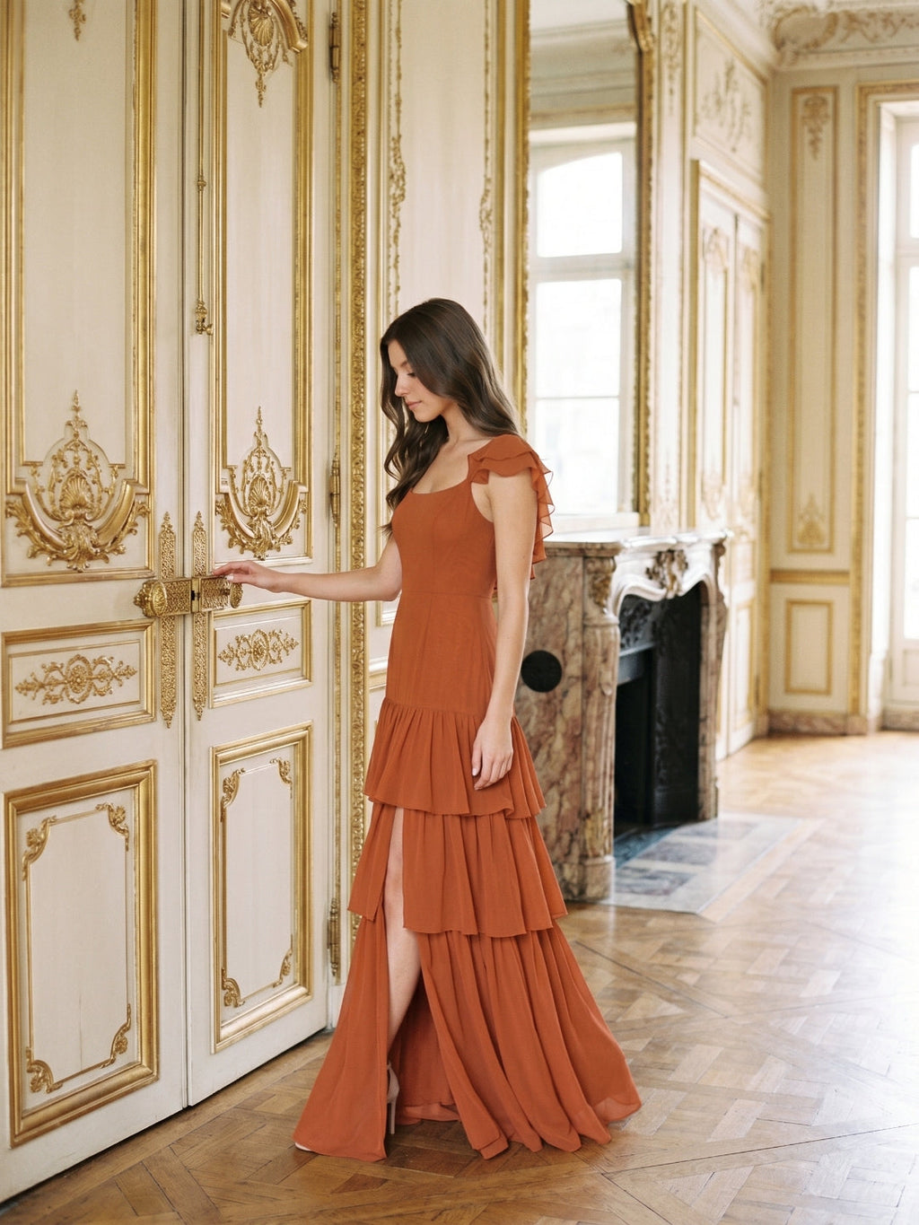 Cinnamon Chiffon A-Line Scoop Neck Lace-Up Ankle Bridesmaid Dress with Cascading Ruffles - Curvevia