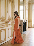 Cinnamon Chiffon A-Line Scoop Neck Lace-Up Ankle Bridesmaid Dress with Cascading Ruffles - Curvevia