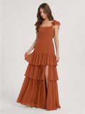 Cinnamon Chiffon A-Line Scoop Neck Lace-Up Ankle Bridesmaid Dress with Cascading Ruffles - Curvevia
