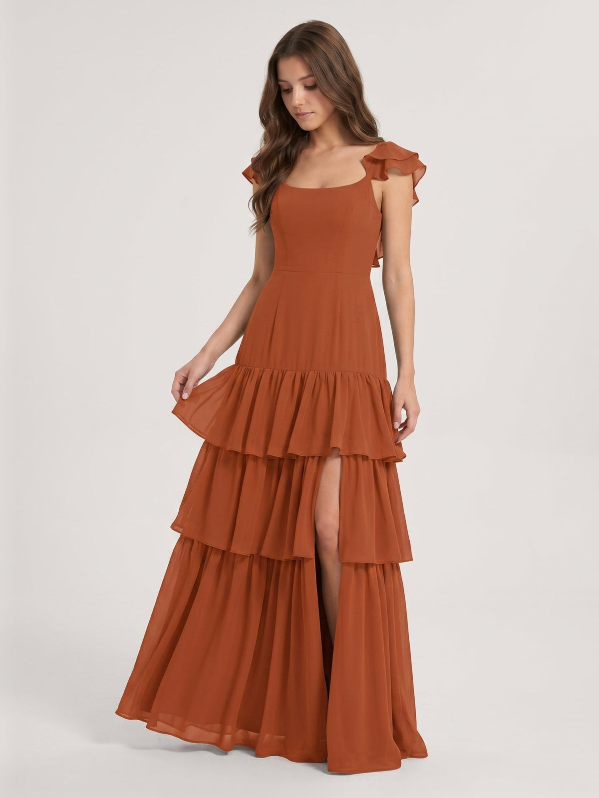 Cinnamon Chiffon A-Line Scoop Neck Lace-Up Ankle Bridesmaid Dress with Cascading Ruffles - Curvevia