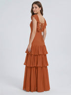 Cinnamon Chiffon A-Line Scoop Neck Lace-Up Ankle Bridesmaid Dress with Cascading Ruffles - Curvevia