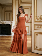 Cinnamon Chiffon A-Line Scoop Neck Lace-Up Ankle Bridesmaid Dress with Cascading Ruffles - Curvevia
