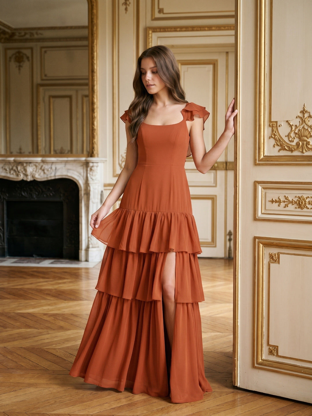 Cinnamon Chiffon A-Line Scoop Neck Lace-Up Ankle Bridesmaid Dress with Cascading Ruffles - Curvevia
