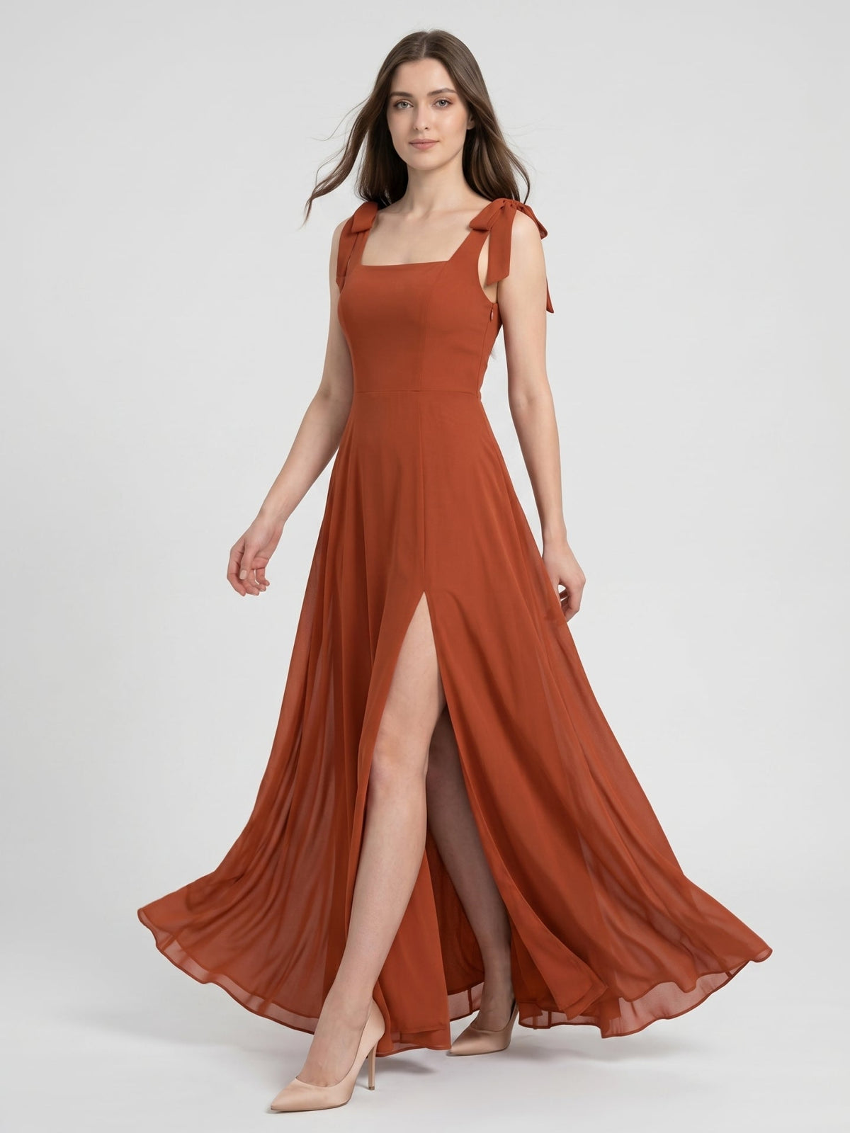 Cinnamon Chiffon A-Line Square Neck Back Zip Floor-Length Bridesmaid Dress - Curvevia