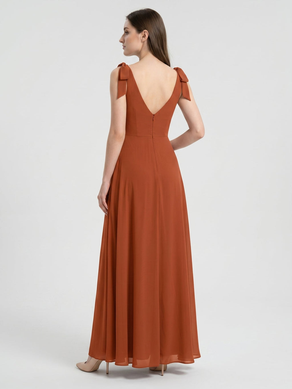 Cinnamon Chiffon A-Line Square Neck Back Zip Floor-Length Bridesmaid Dress - Curvevia