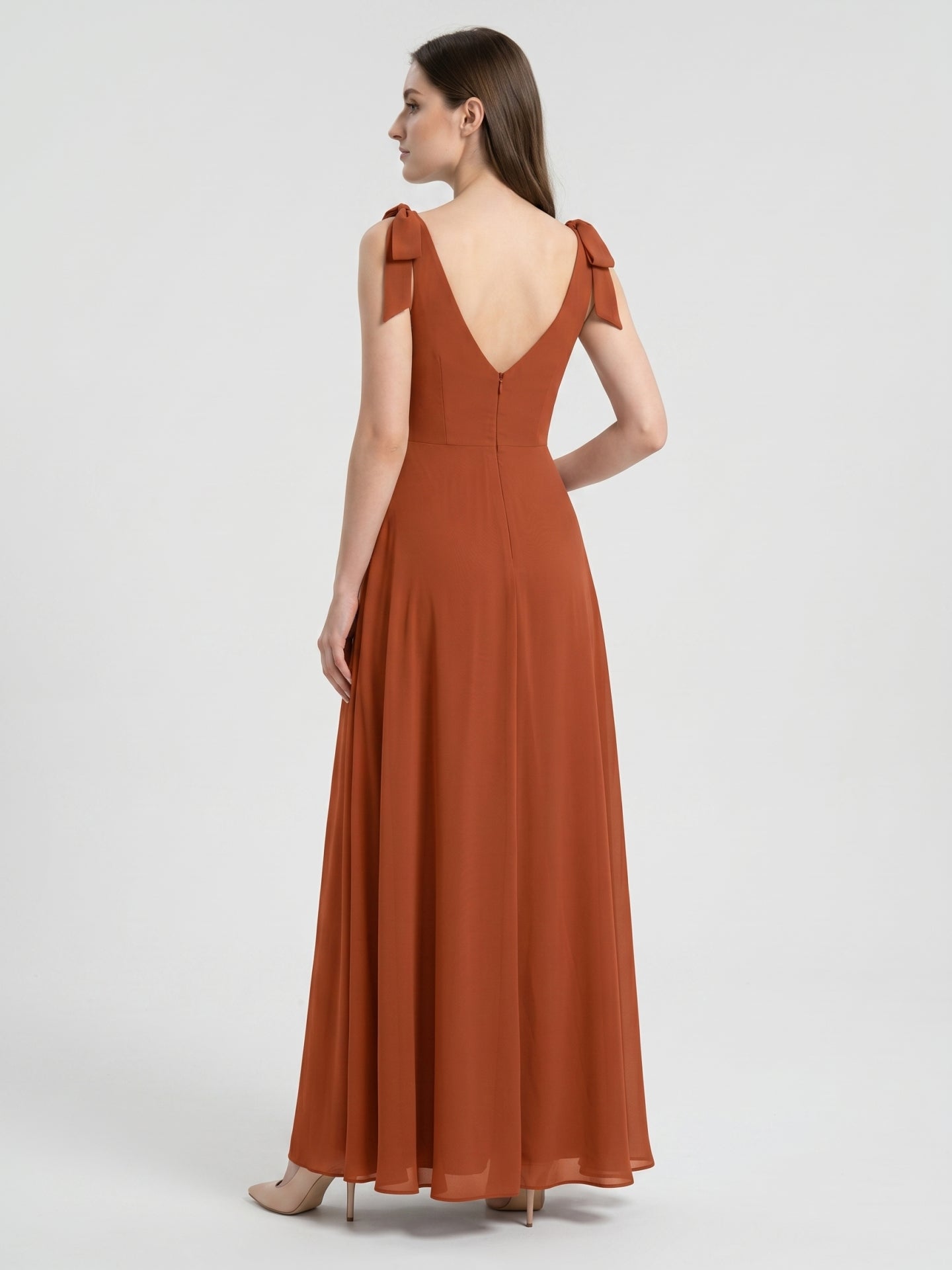 Cinnamon Chiffon A-Line Square Neck Back Zip Floor-Length Bridesmaid Dress - Curvevia