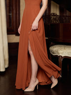 Cinnamon Chiffon A-Line Square Neck Back Zip Floor-Length Bridesmaid Dress - Curvevia