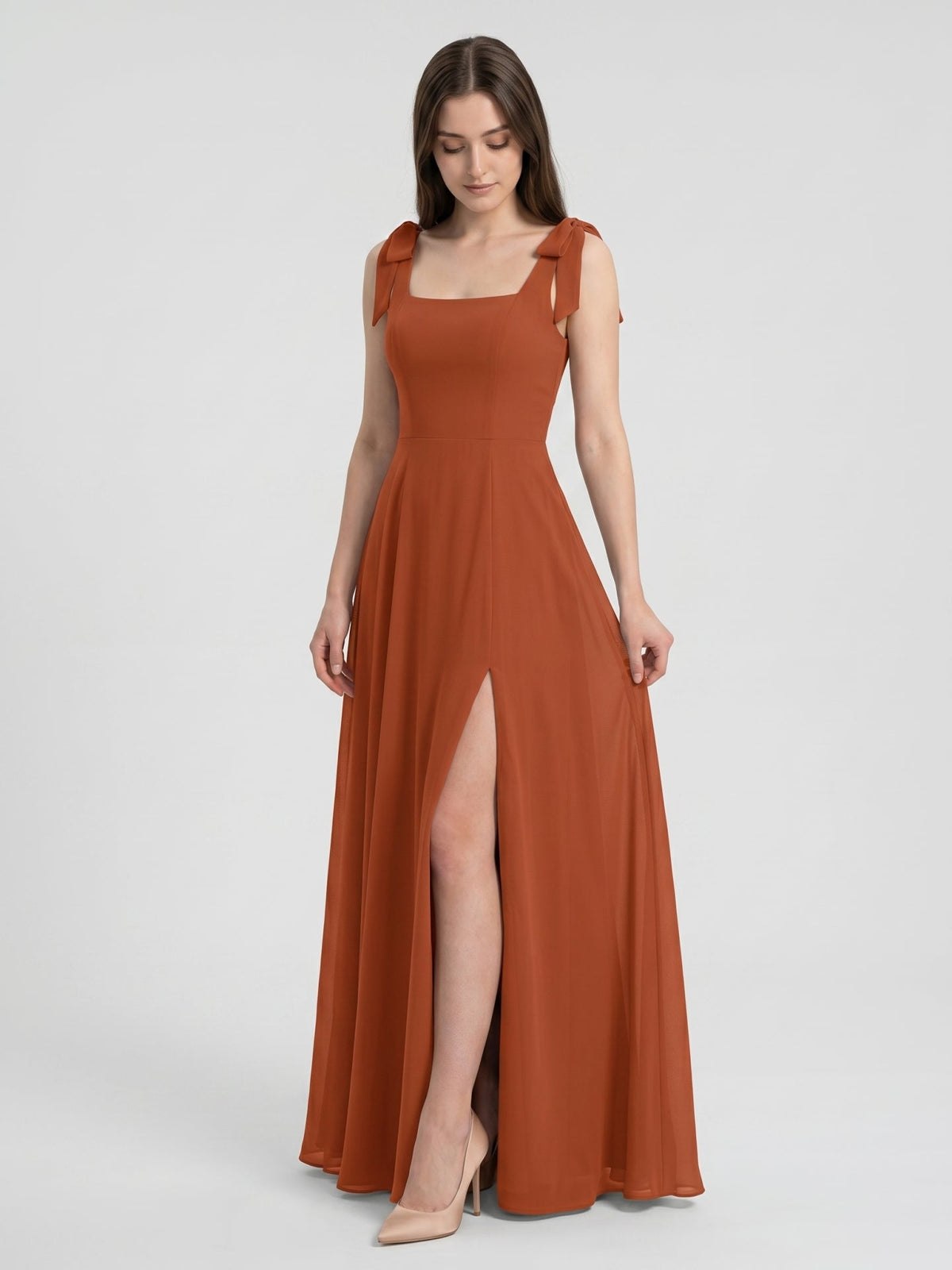 Cinnamon Chiffon A-Line Square Neck Back Zip Floor-Length Bridesmaid Dress - Curvevia