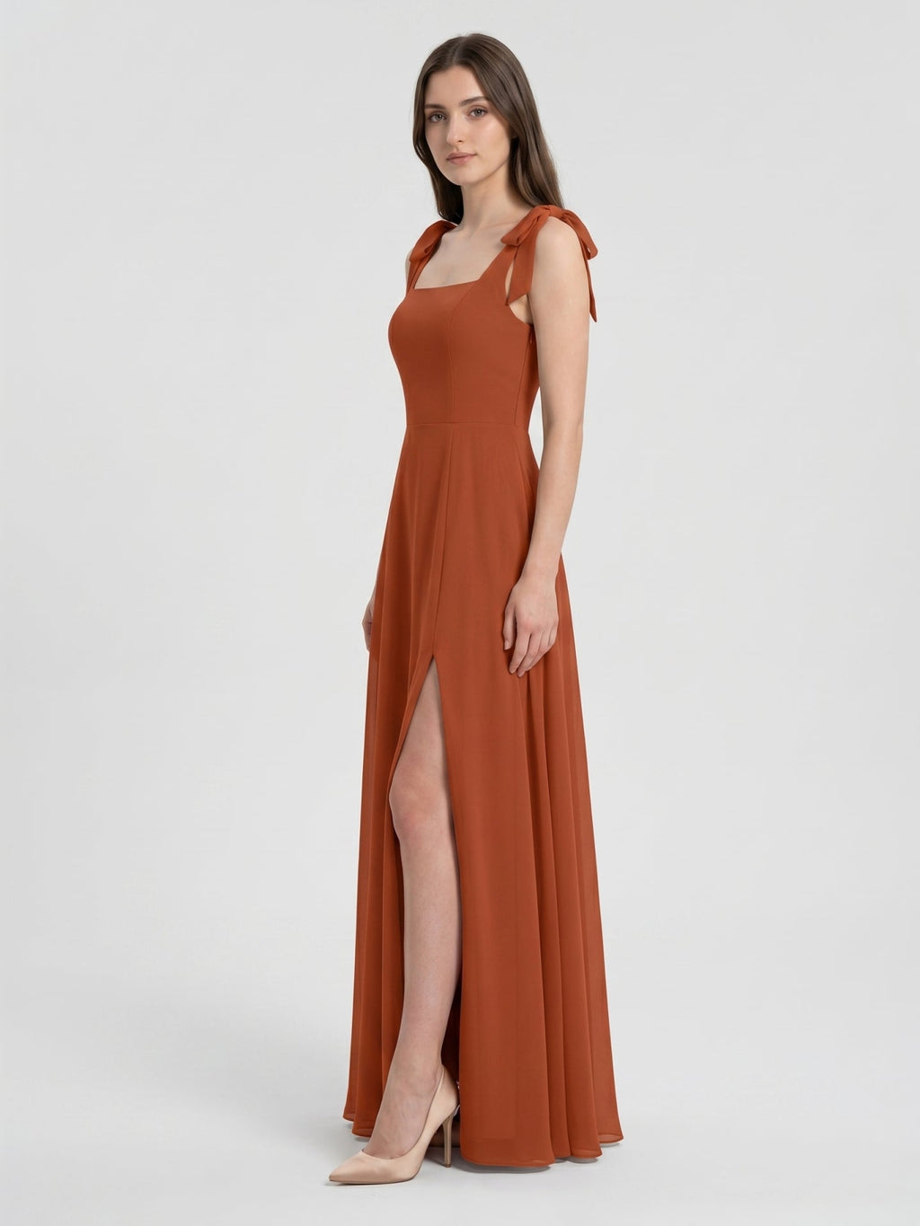 Cinnamon Chiffon A-Line Square Neck Back Zip Floor-Length Bridesmaid Dress - Curvevia