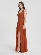 Cinnamon Chiffon A-Line Square Neck Back Zip Floor-Length Bridesmaid Dress - Curvevia