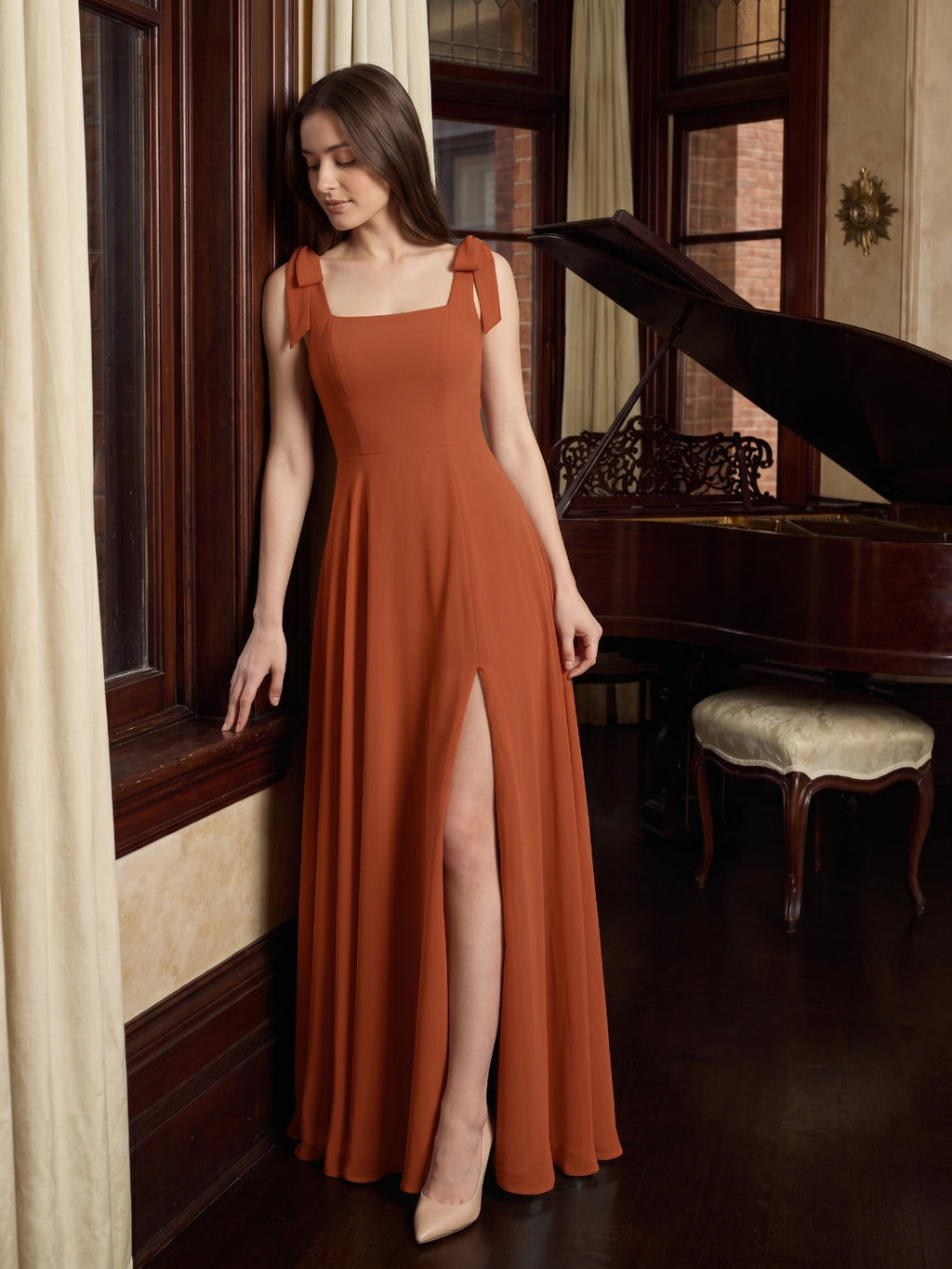 Cinnamon Chiffon A-Line Square Neck Back Zip Floor-Length Bridesmaid Dress - Curvevia