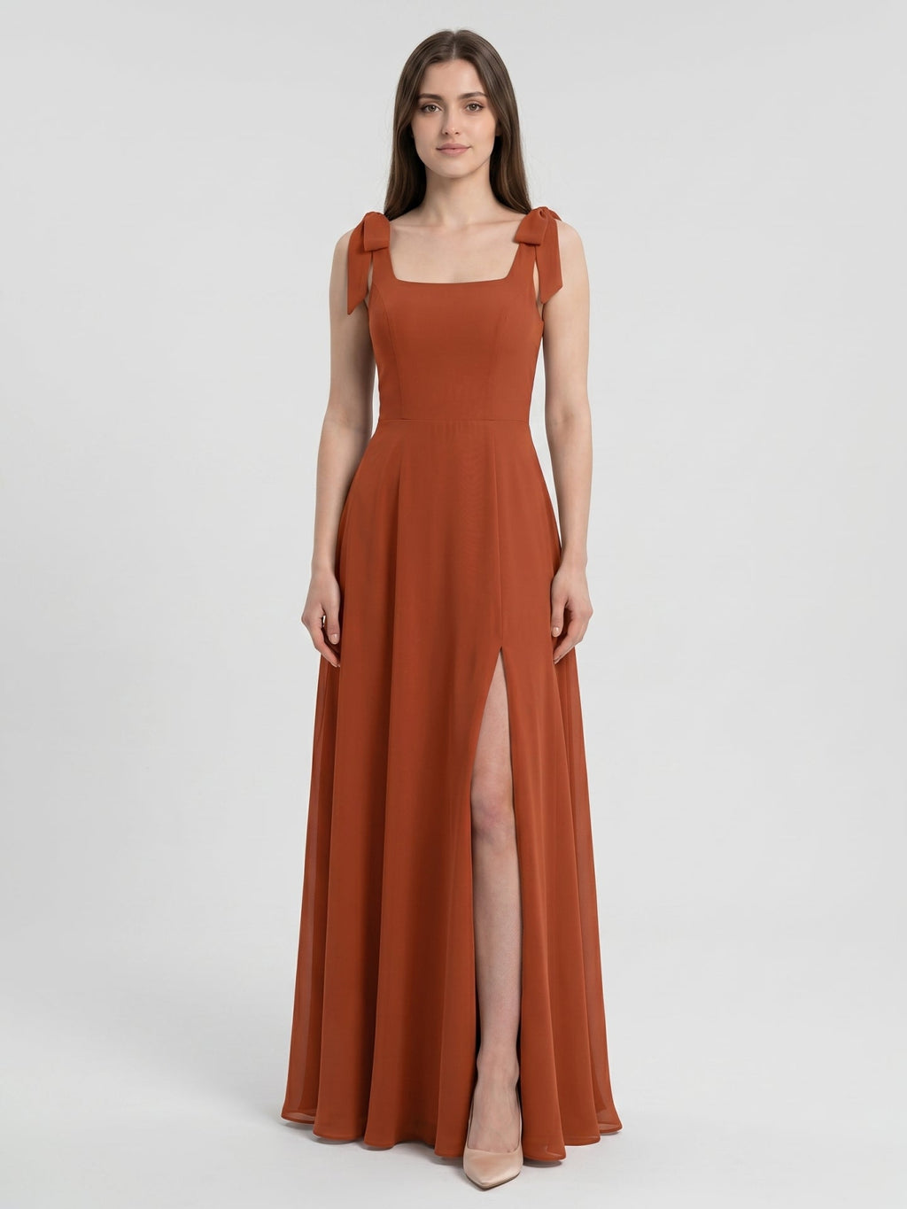 Cinnamon Chiffon A-Line Square Neck Back Zip Floor-Length Bridesmaid Dress - Curvevia