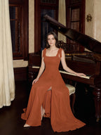 Cinnamon Chiffon A-Line Square Neck Back Zip Floor-Length Bridesmaid Dress - Curvevia