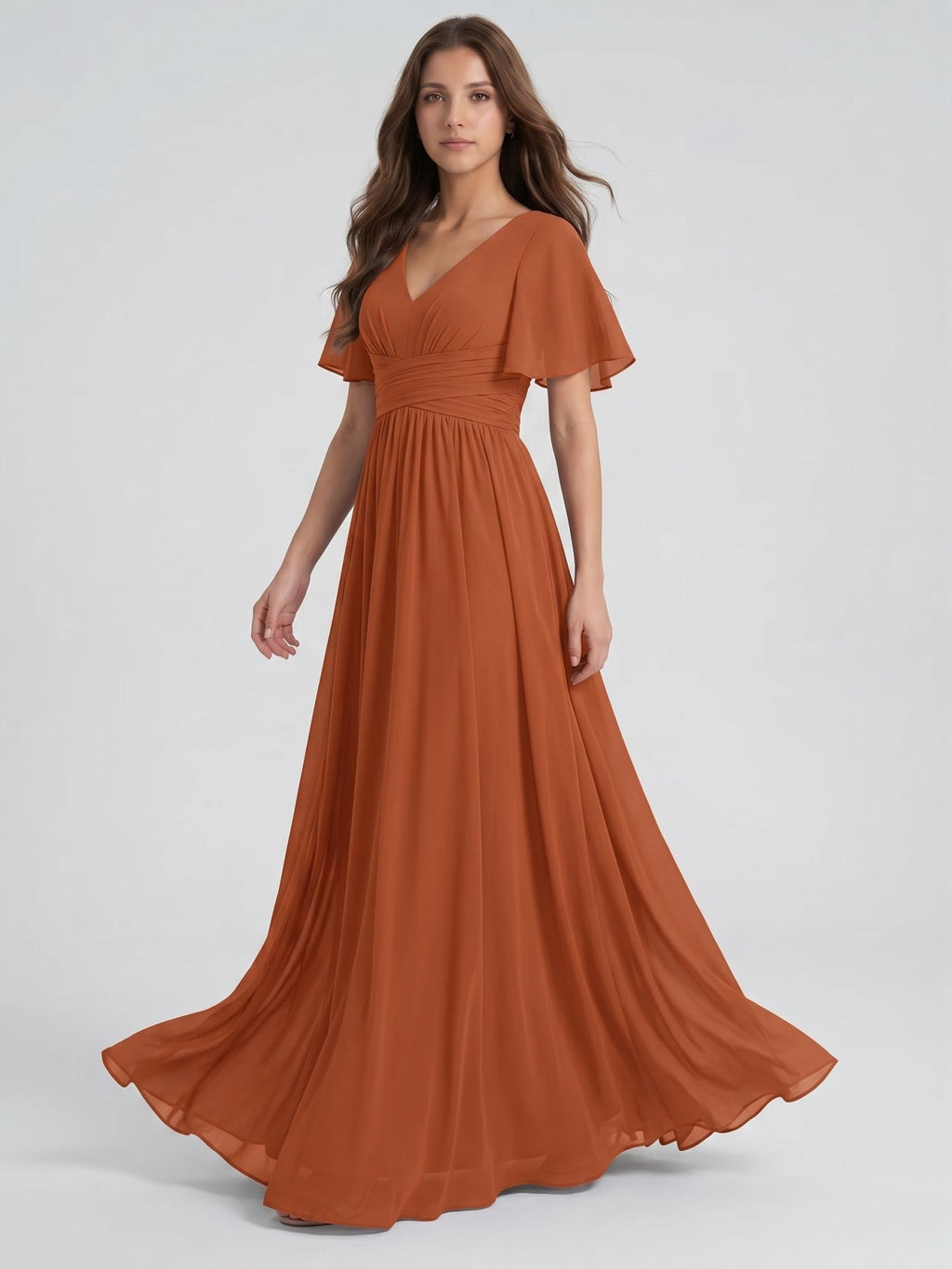 Cinnamon Chiffon A-Line V-Neck Back Zip Floor-Length Bridesmaid Dress with Pleats - Curvevia