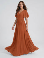 Cinnamon Chiffon A-Line V-Neck Back Zip Floor-Length Bridesmaid Dress with Pleats - Curvevia