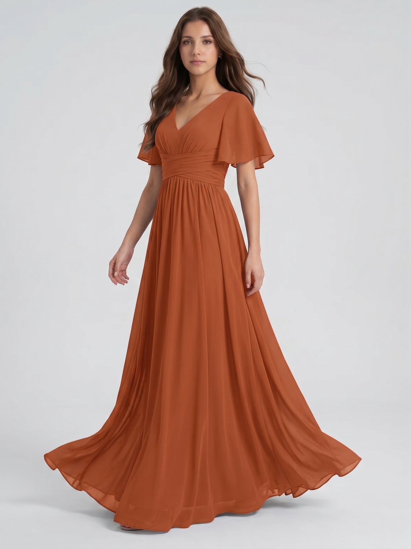 Cinnamon Chiffon A-Line V-Neck Back Zip Floor-Length Bridesmaid Dress with Pleats - Curvevia