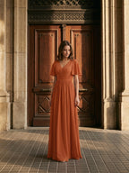 Cinnamon Chiffon A-Line V-Neck Back Zip Floor-Length Bridesmaid Dress with Pleats - Curvevia