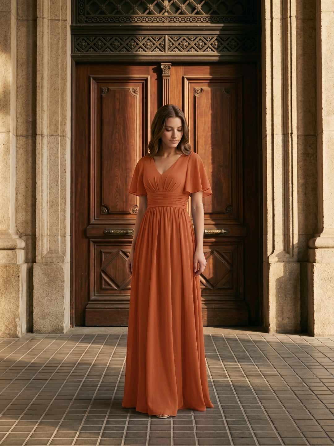 Cinnamon Chiffon A-Line V-Neck Back Zip Floor-Length Bridesmaid Dress with Pleats - Curvevia