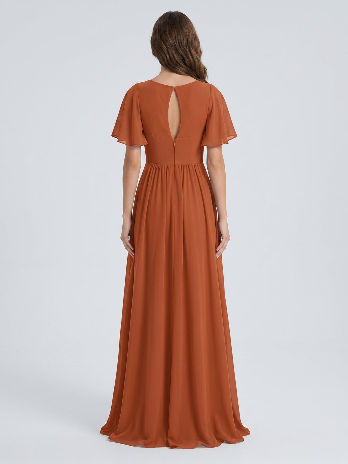 Cinnamon Chiffon A-Line V-Neck Back Zip Floor-Length Bridesmaid Dress with Pleats - Curvevia