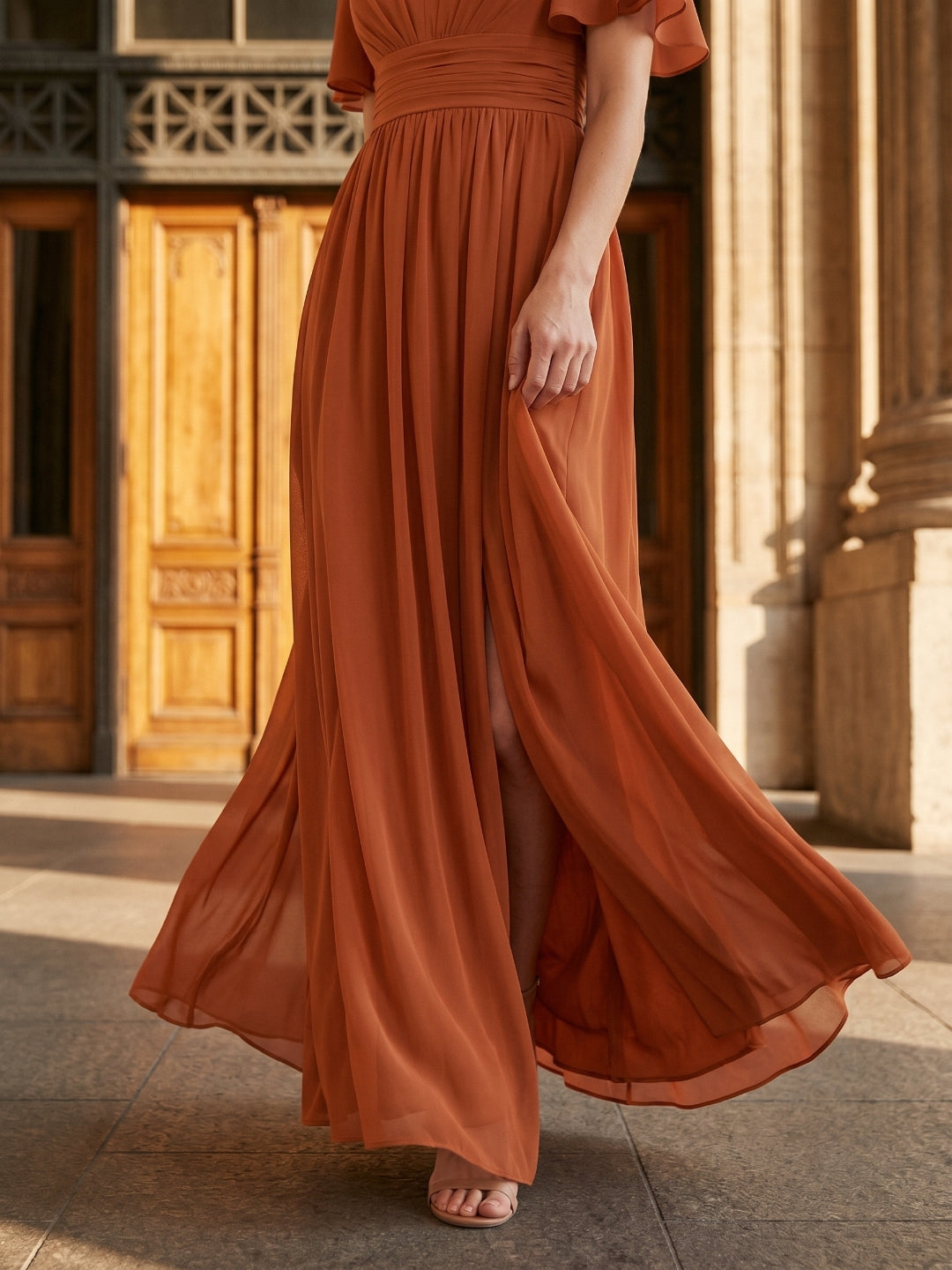 Cinnamon Chiffon A-Line V-Neck Back Zip Floor-Length Bridesmaid Dress with Pleats - Curvevia