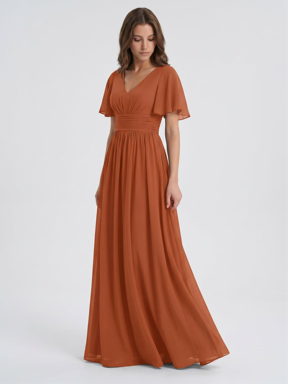 Cinnamon Chiffon A-Line V-Neck Back Zip Floor-Length Bridesmaid Dress with Pleats - Curvevia