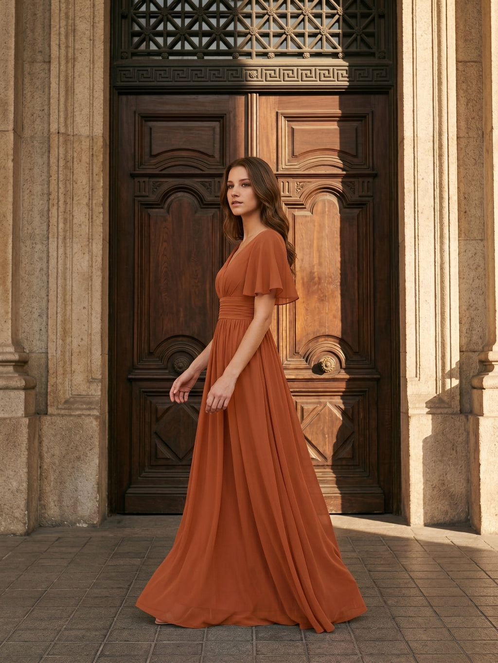 Cinnamon Chiffon A-Line V-Neck Back Zip Floor-Length Bridesmaid Dress with Pleats - Curvevia