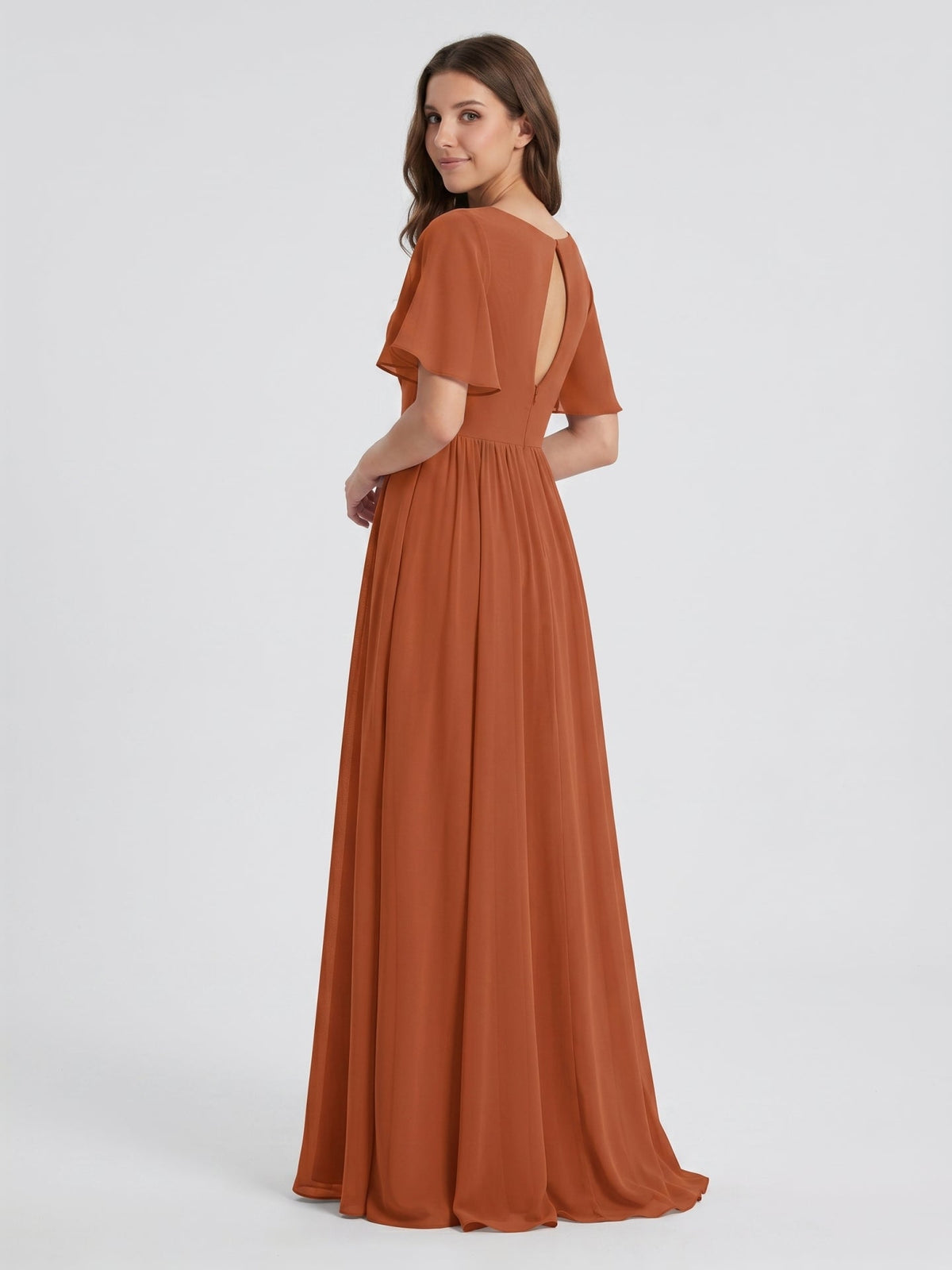 Cinnamon Chiffon A-Line V-Neck Back Zip Floor-Length Bridesmaid Dress with Pleats - Curvevia
