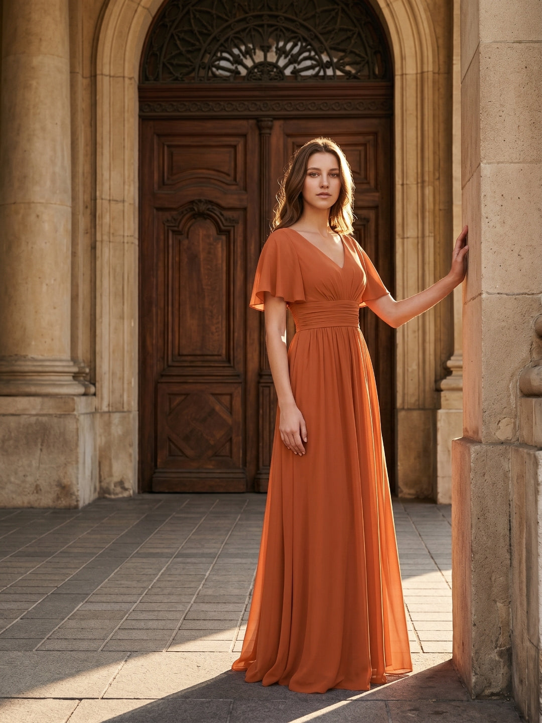 Cinnamon Chiffon A-Line V-Neck Back Zip Floor-Length Bridesmaid Dress with Pleats - Curvevia