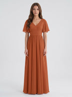 Cinnamon Chiffon A-Line V-Neck Back Zip Floor-Length Bridesmaid Dress with Pleats - Curvevia