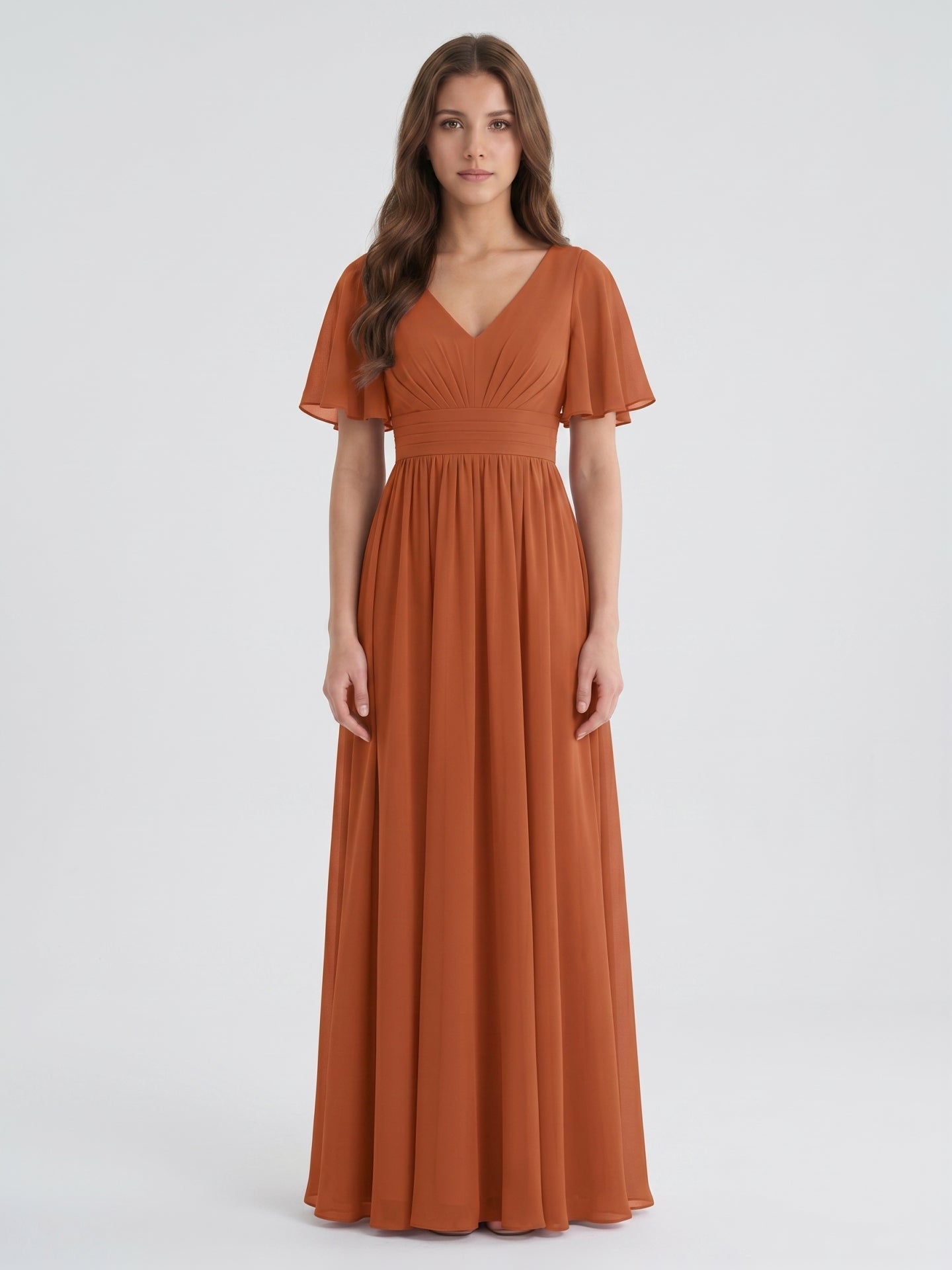 Cinnamon Chiffon A-Line V-Neck Back Zip Floor-Length Bridesmaid Dress with Pleats - Curvevia
