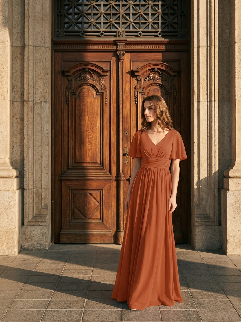 Cinnamon Chiffon A-Line V-Neck Back Zip Floor-Length Bridesmaid Dress with Pleats - Curvevia