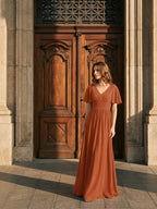 Cinnamon Chiffon A-Line V-Neck Back Zip Floor-Length Bridesmaid Dress with Pleats - Curvevia