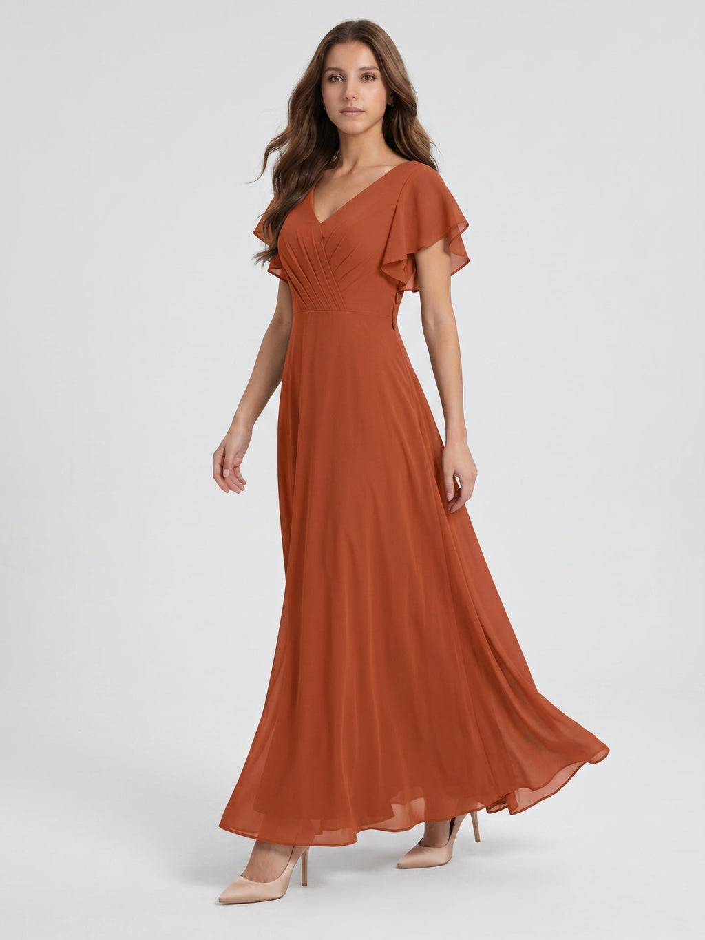Cinnamon Chiffon A-Line V-Neck Back Zip Floor-Length Bridesmaid Dress with Ruffles - Curvevia